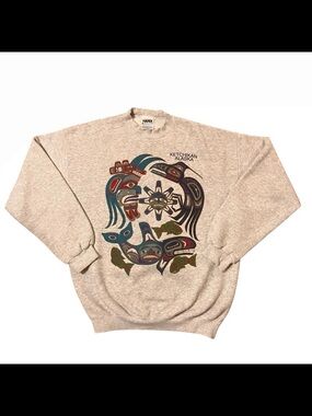 Vintage Alaska Tribal Pattern Gray Sweatshirt Ketchikan Tultex Adult Size Large